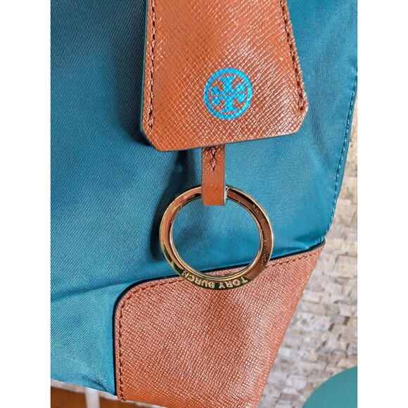 Tory Burch Penn Nylon Faux Leather 14" Tote Shoulder Bag Teal Brown GUC - Picture 5 of 16